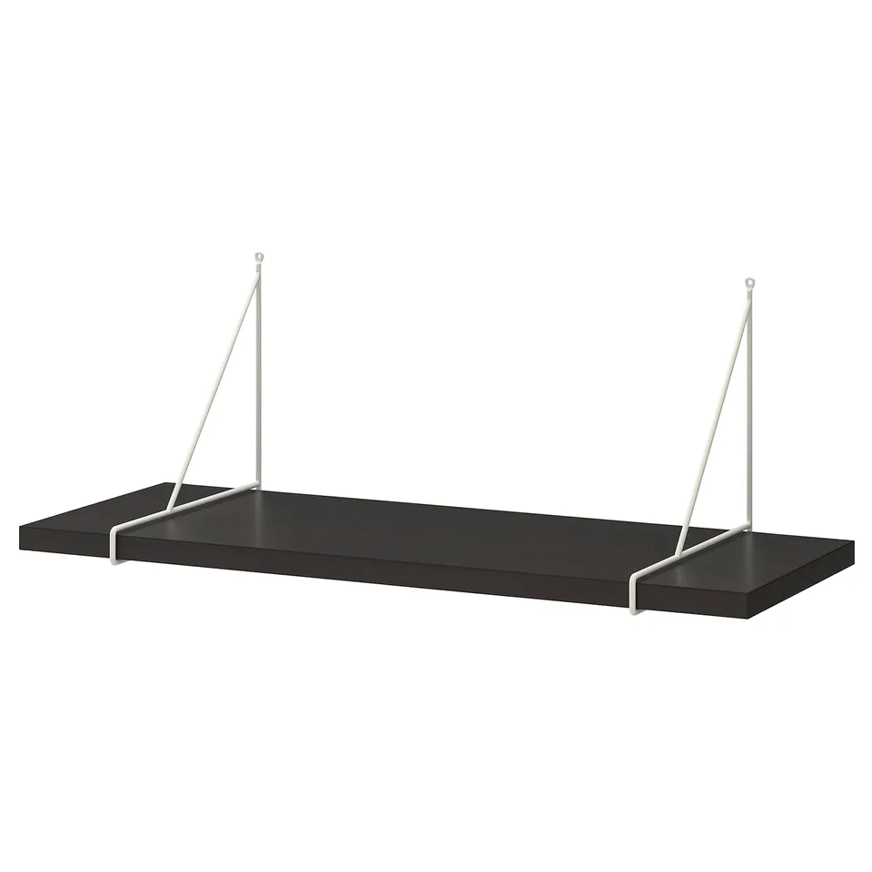 Black rectangular wall shelf with white metal brackets.