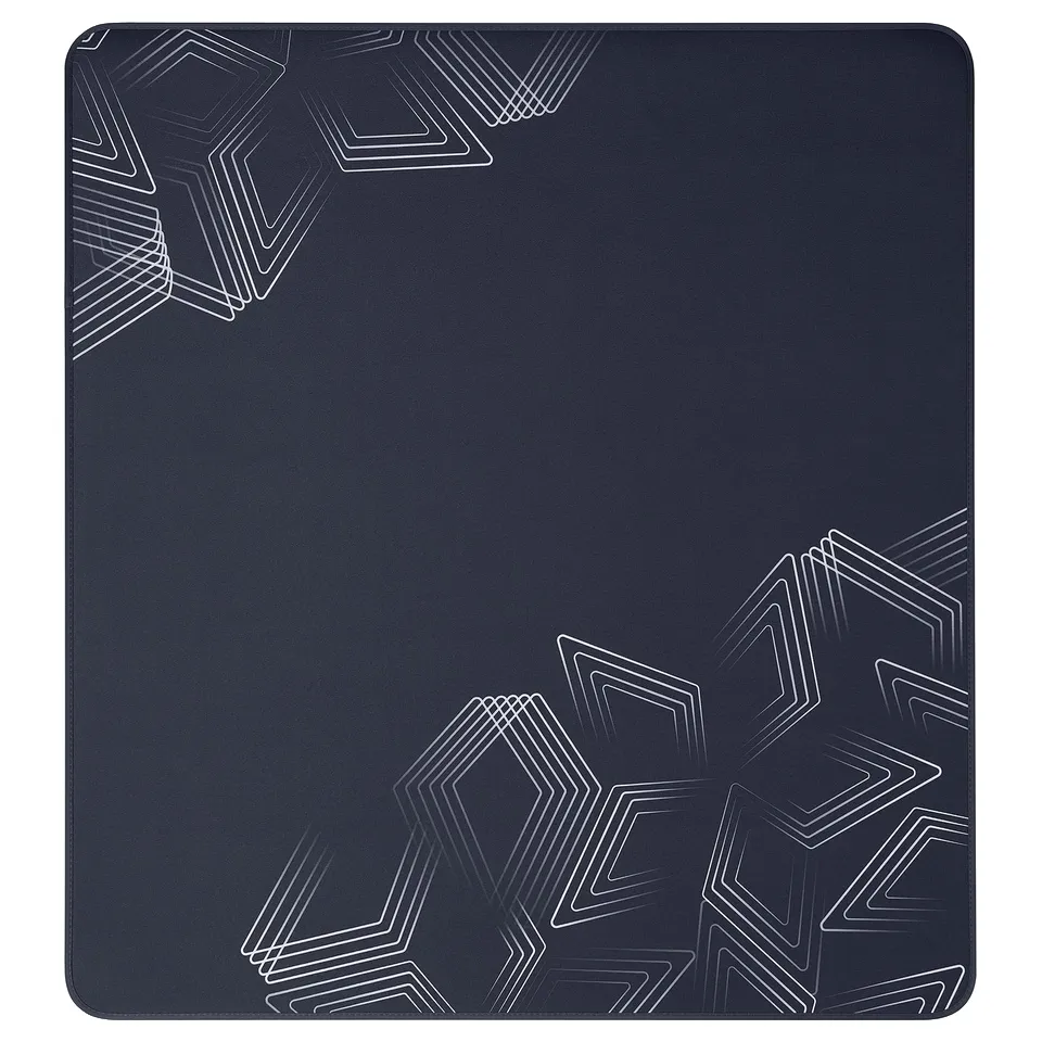 Gaming chair mat, black, square, patterned with hexagonal designs, durable polyester top, non-slip rubber base.