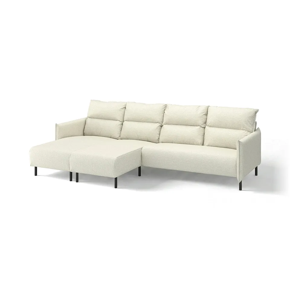 A white MANNARP sectional sofa. It a modern design with high backrest, plush cushions, and black metal legs offering comfortable and stylish seating.