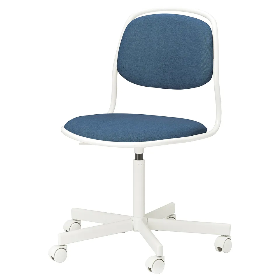 Blue and white office chair with swivel, adjustable height, and safety casters.