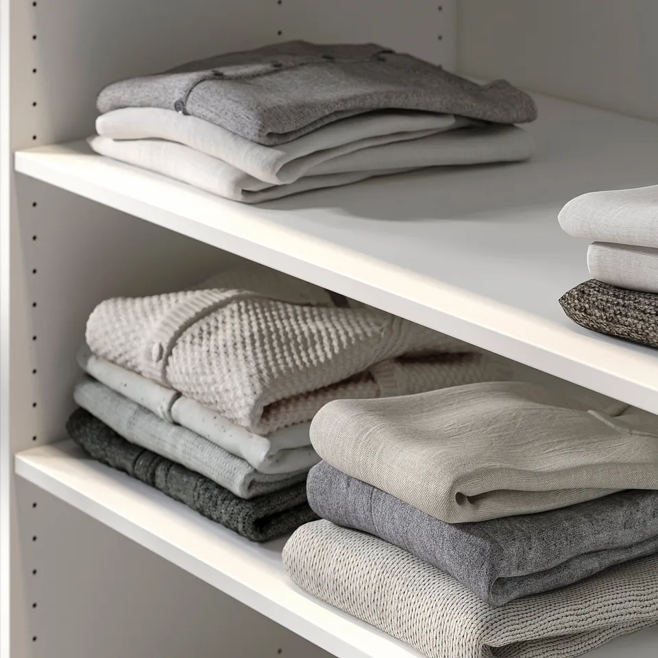 Shelf with neatly folded grey clothes in white wardrobe.
