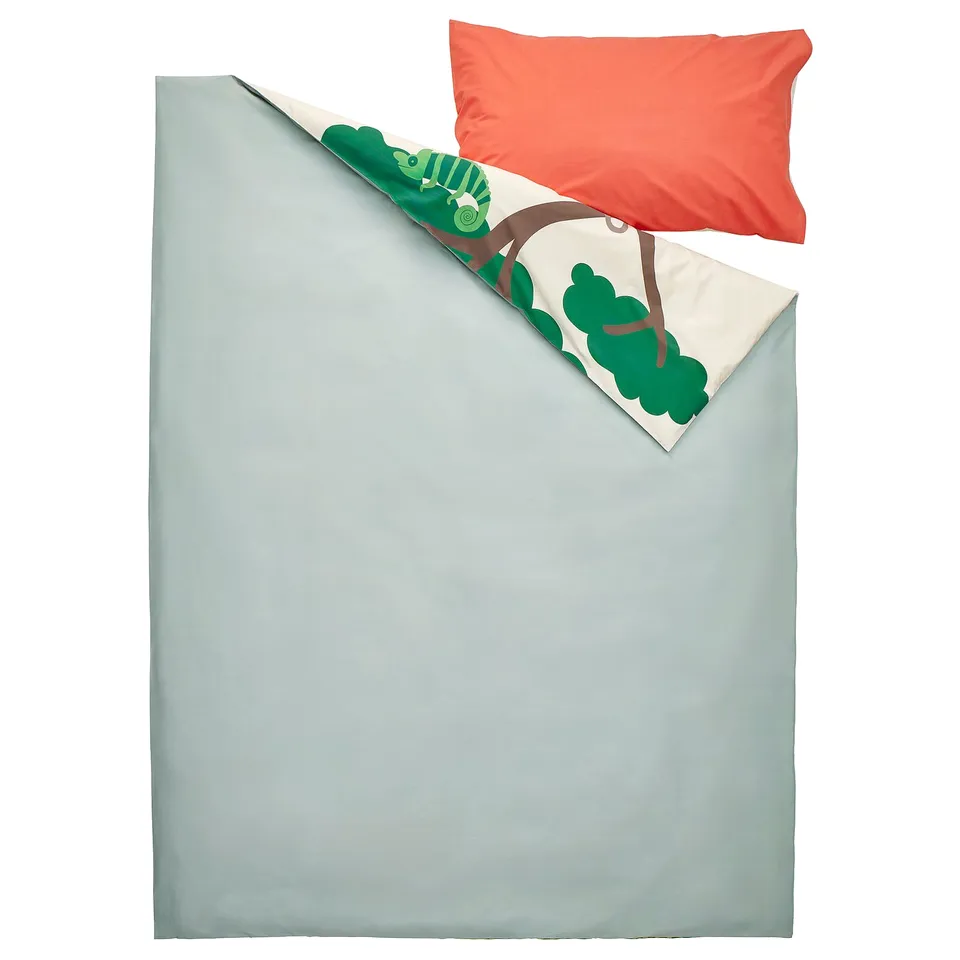 SANDLÖPARE bedding set, light blue & red, cotton-blend, zip closure, savannah print.