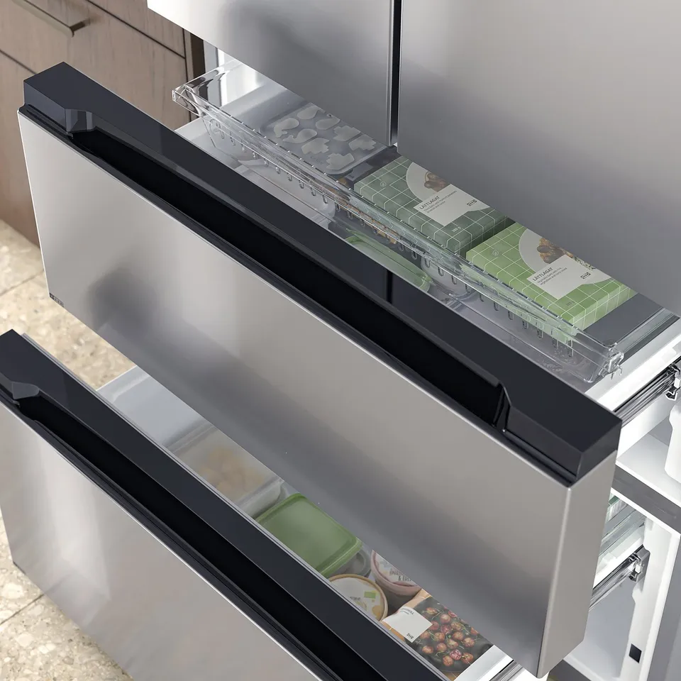 Stainless steel fridge, 2 doors, open top with shelves & led light. Bottom drawer has variable temp control.