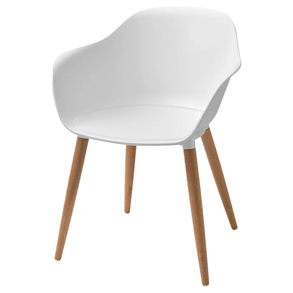 A sleek white chair with wooden legs, smooth curved seat and armrests, perfect for comfort.