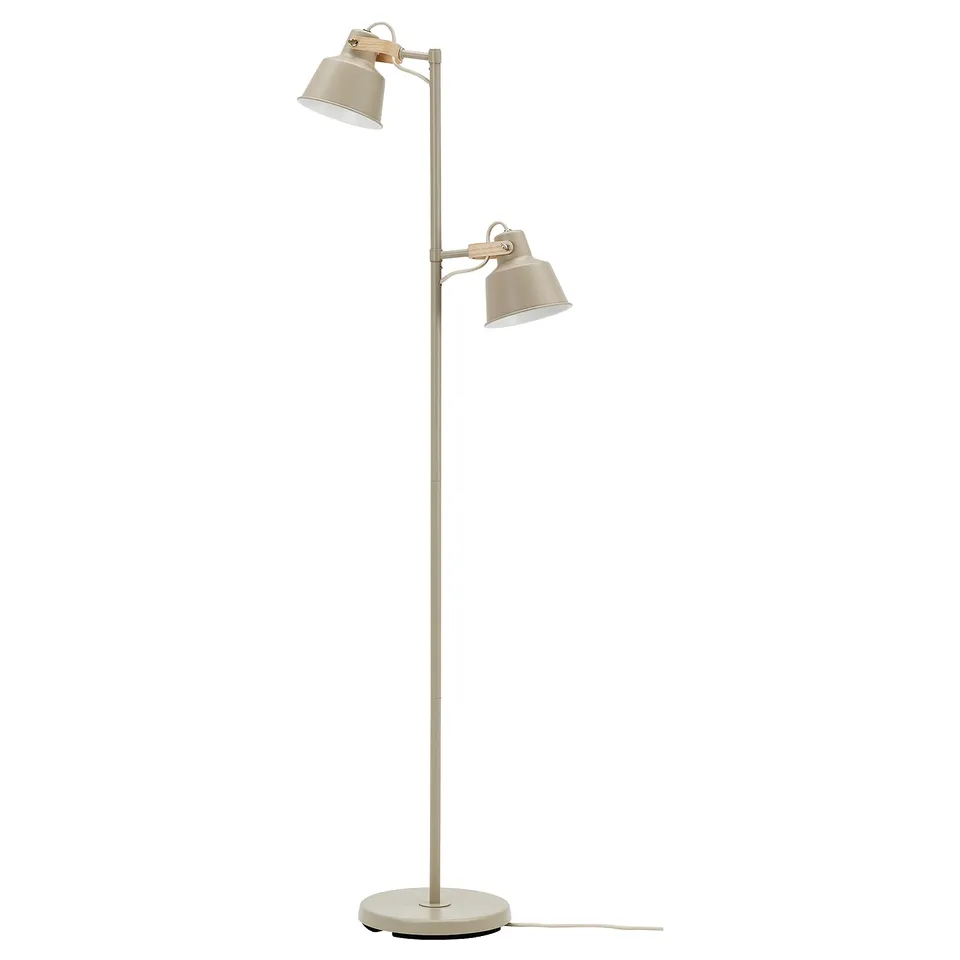 SJÖMAKT dual-head floor lamp in beige, adjustable.