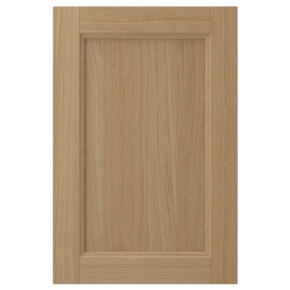 VEDHAMN natural oak cabinet door. Rectangular shape, solid wood frame, veneer panel. Warm, rustic design.