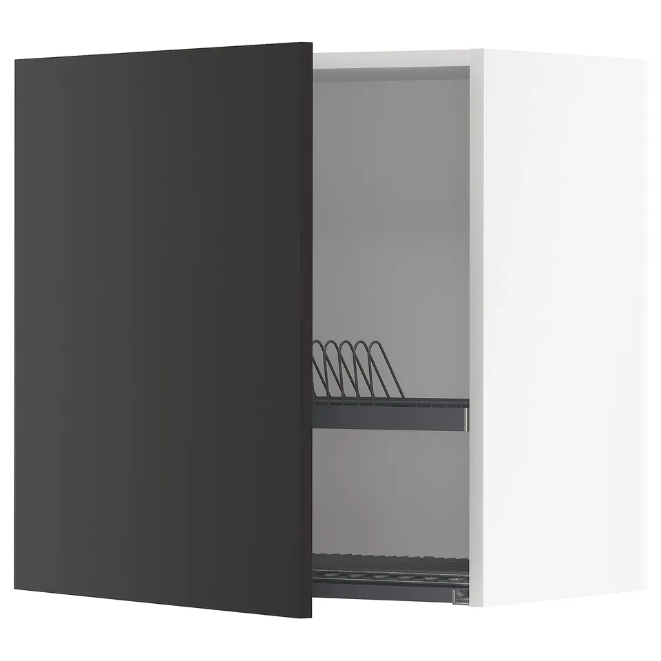 Black METOD kitchen cabinet, open with wire dish rack inside.