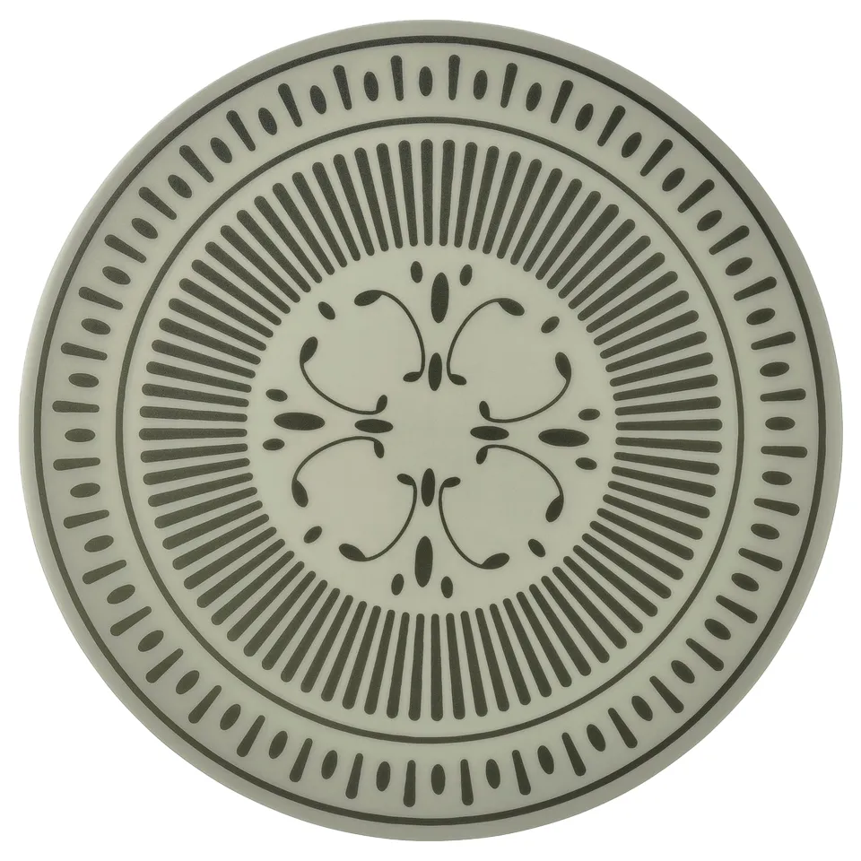 Round, white TUVIRIS plastic mat, black floral design, durable, easy to clean.