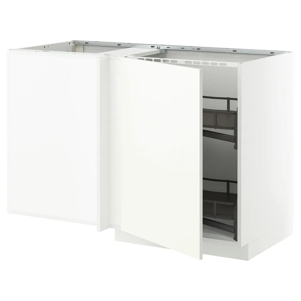 White METOD kitchen unit, rectangular with glass door, modern & minimalist design, corner pull-out shelf for storage.