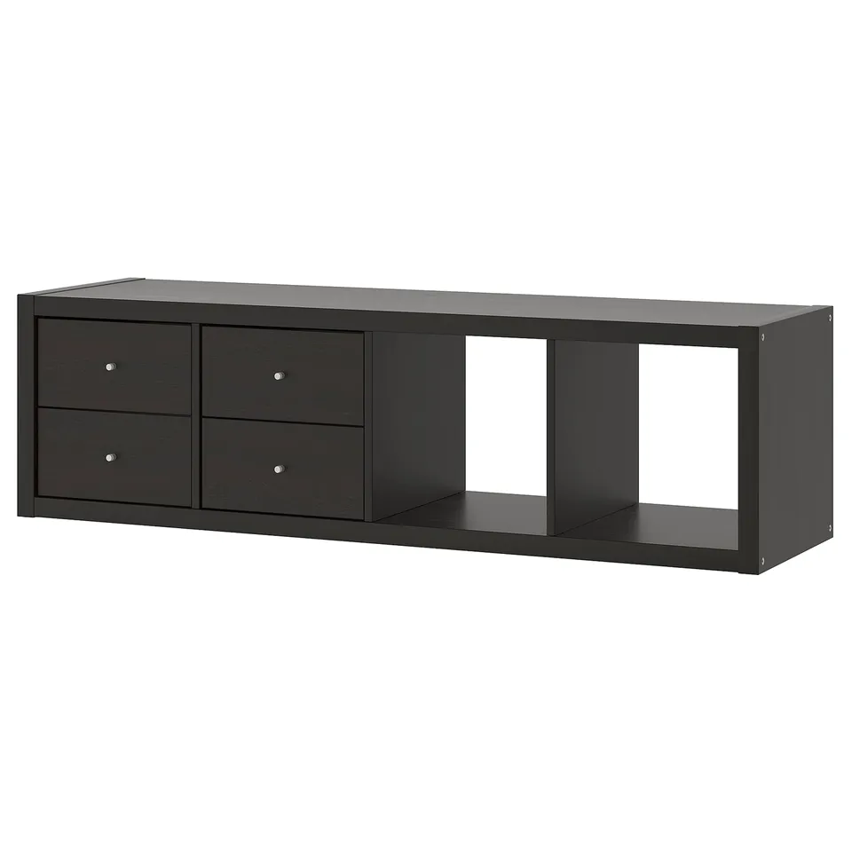 Black KALLAX shelf unit with two-drawer sections and open storage.