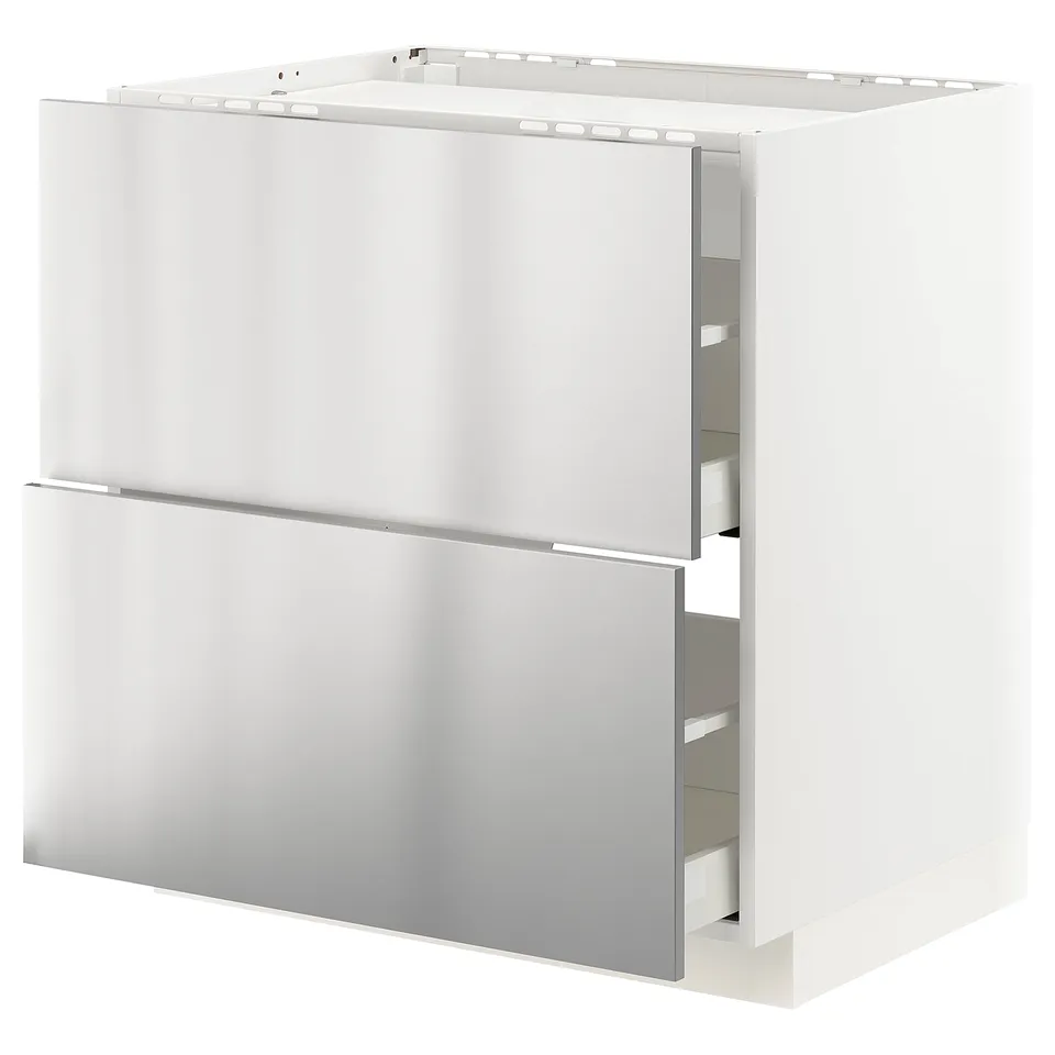 White stainless steel kitchen cabinet with two drawers.
