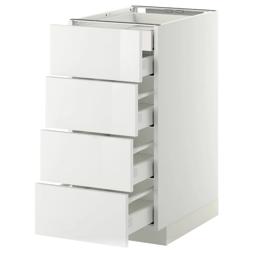 Modern white kitchen cabinet with four drawers.