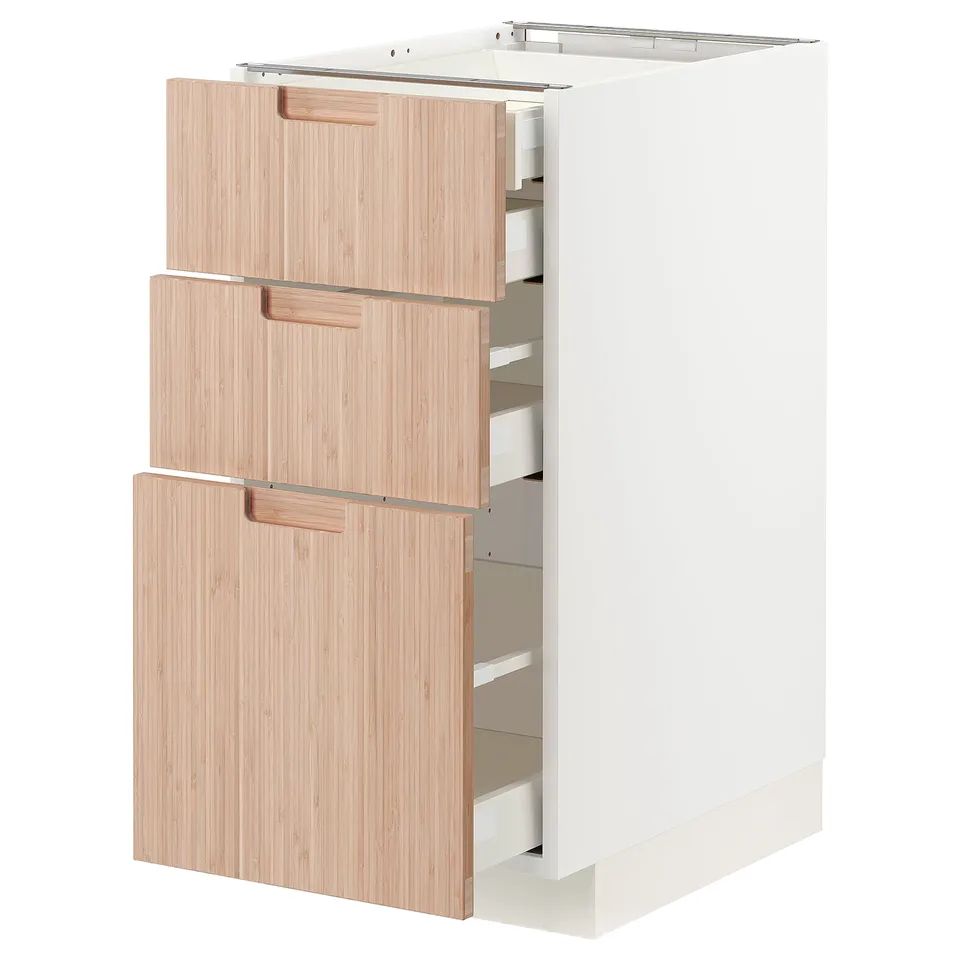 Modern white kitchen unit, light bamboo drawers, minimalist design.