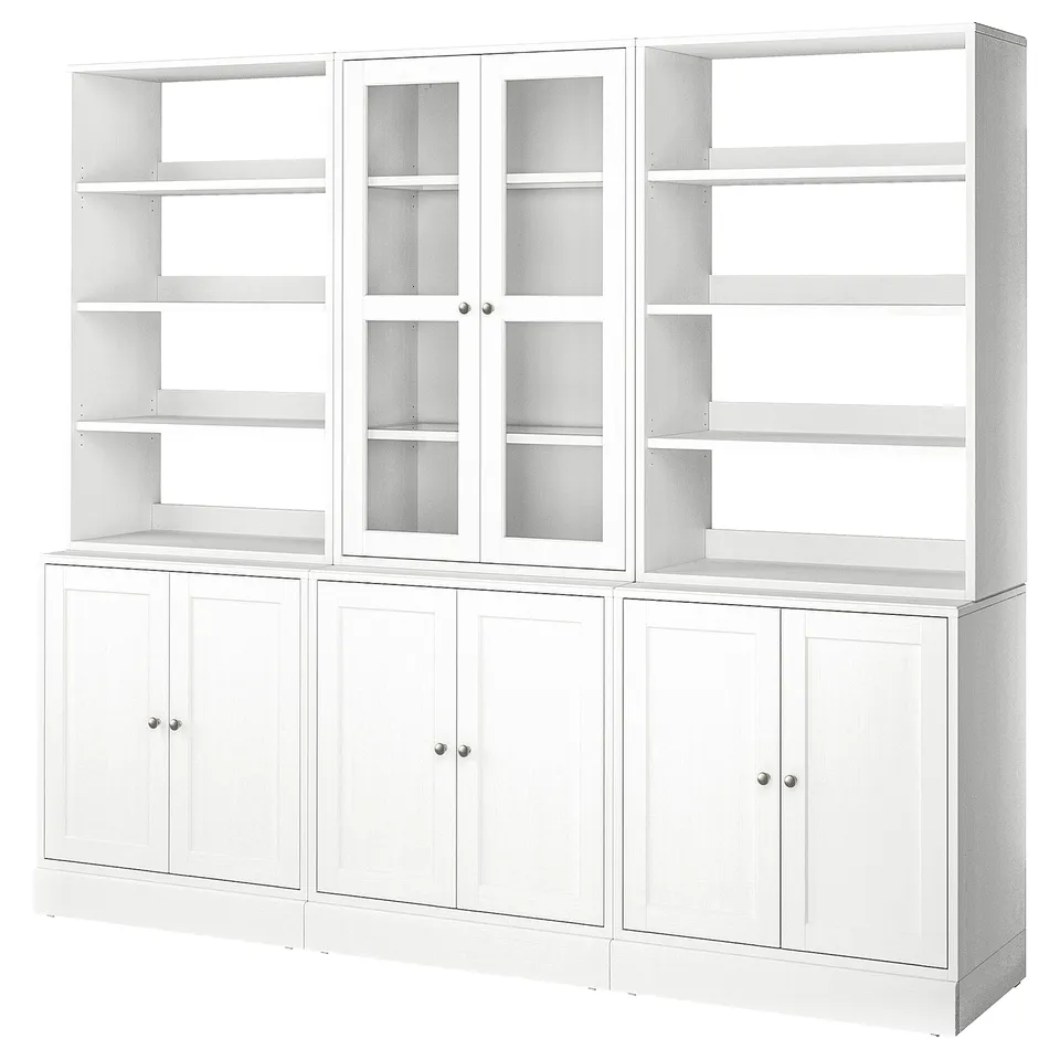 HAVSTA white bookcase: four sections, glass doors, solid pine, classic design.