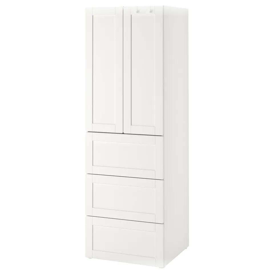 White vertical wardrobe with drawers and adjustable feet.