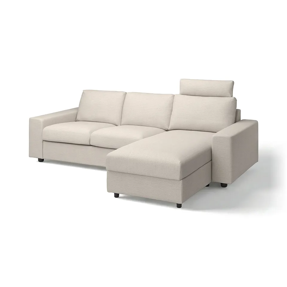Modern beige l-shaped sectional sofa with storage, VIMLE; minimalist design with plush cushions.