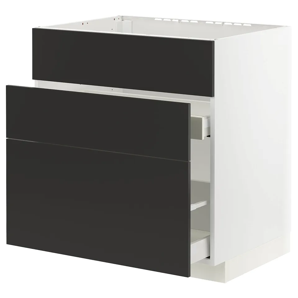 Modern black kitchen cabinet with two drawers and smooth edges.