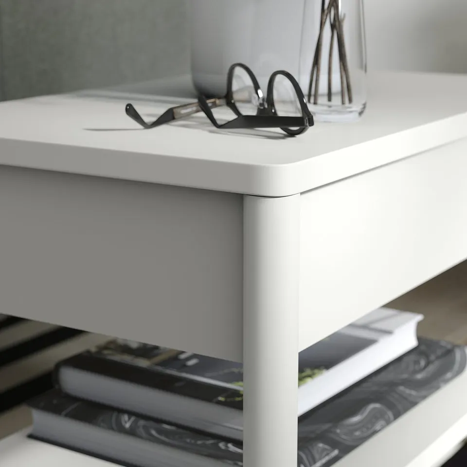 TONSTAD off-white side table with drawer, sleek design, minimalist style, white finish, polished surface.