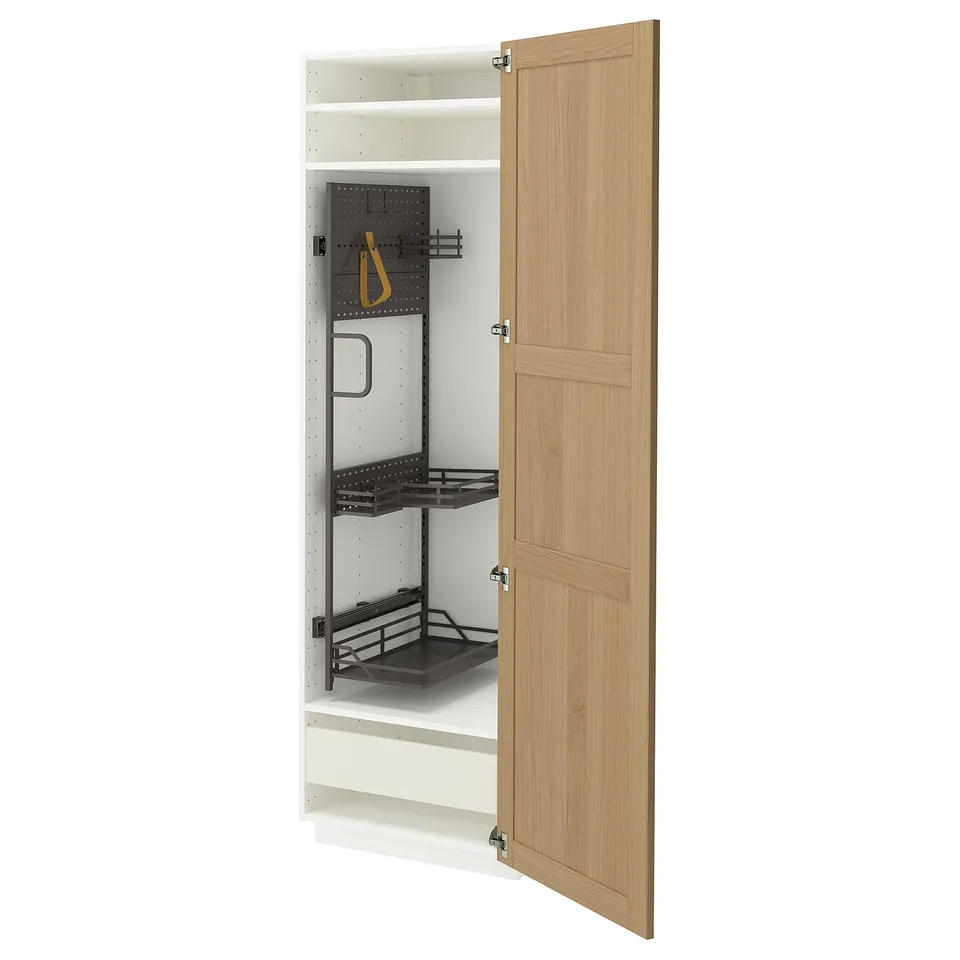 Open wooden cabinet, with black shelves and storage, showcasing organiser.