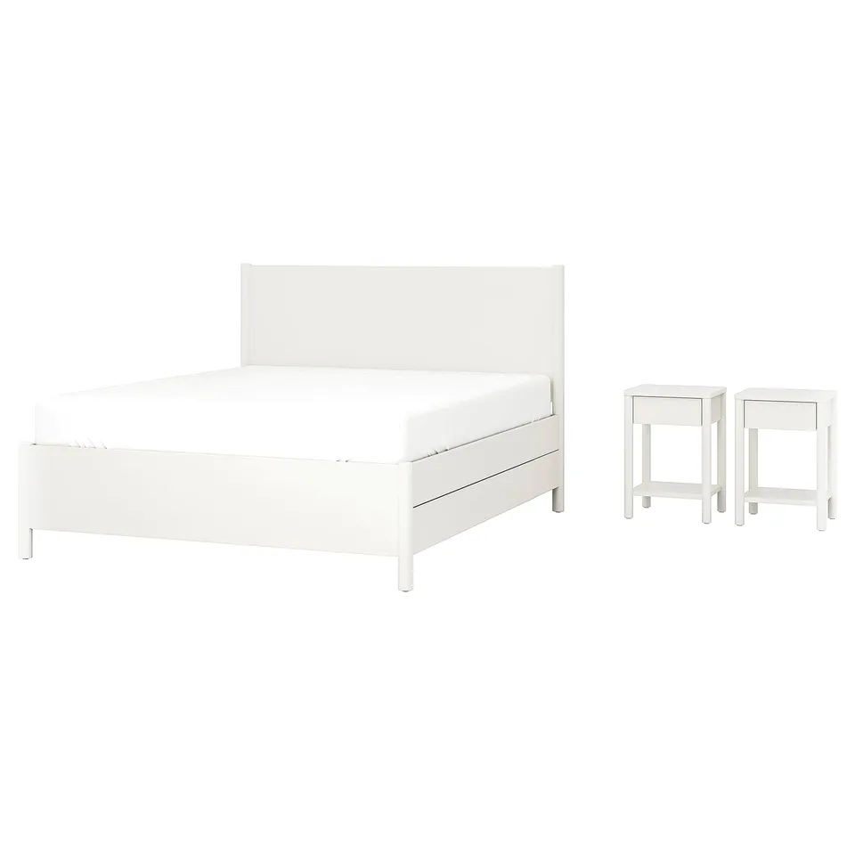 White wooden bed with 2 matching nightstands, modern design.