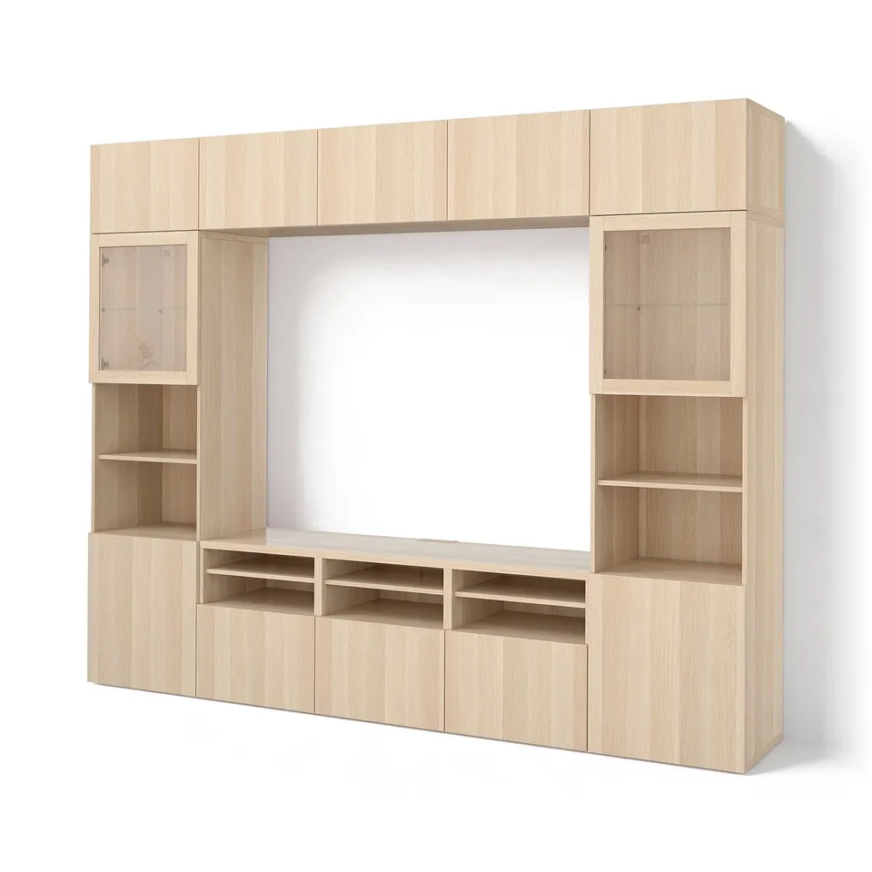 BESTÅ TV storage combination/glass doors, white stained oak effect/Lappviken white stained oak eff clear glass, 300x42x231 cm