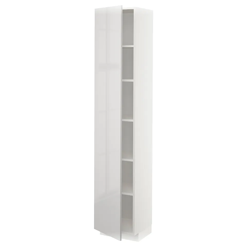 White glossy, slim storage cabinet with 5 open shelves.