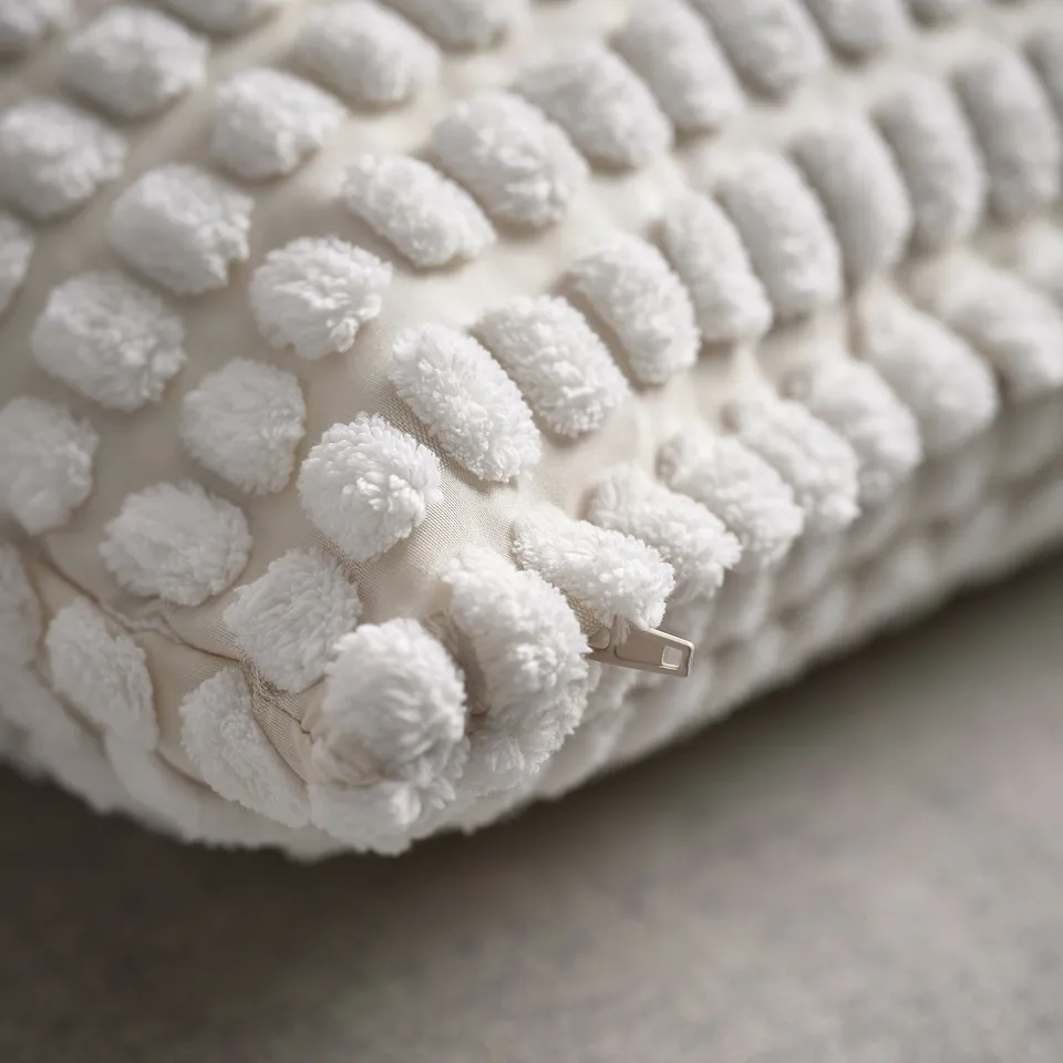 Soft textured off-white cushion cover with tufted pattern, zip detail.