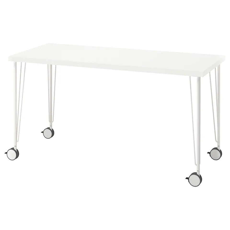 LAGKAPTEN: white rectangular office table with four metallic legs and wheels.