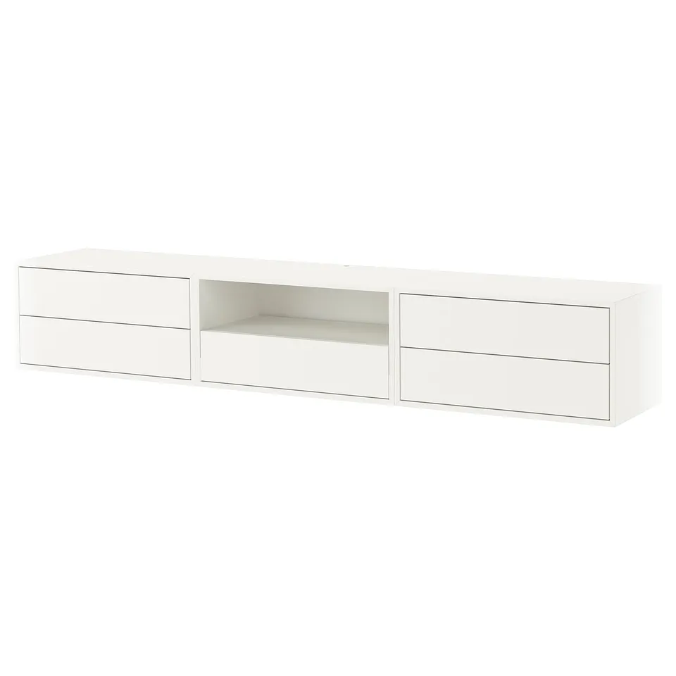 White wall-mounted storage unit, featuring drawers and open shelves, sleek modern design.