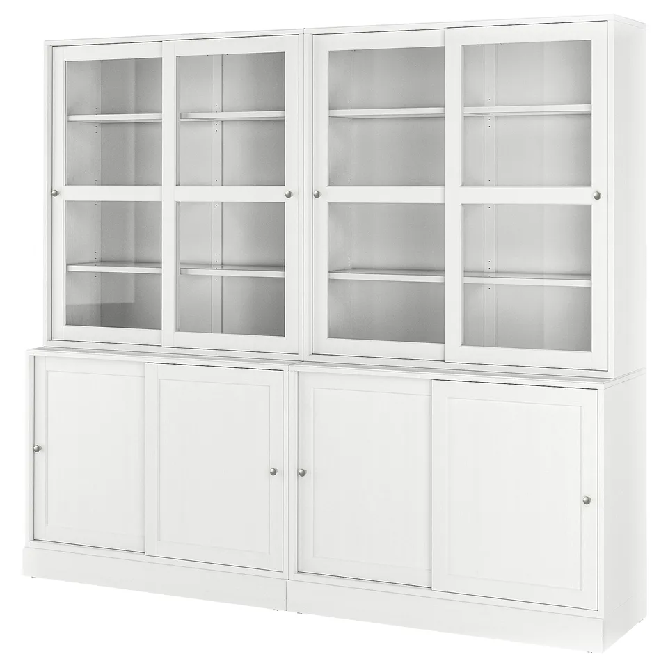 HAVSTA white wooden cabinet, four glass doors, four solid doors, pinewood, classic design.