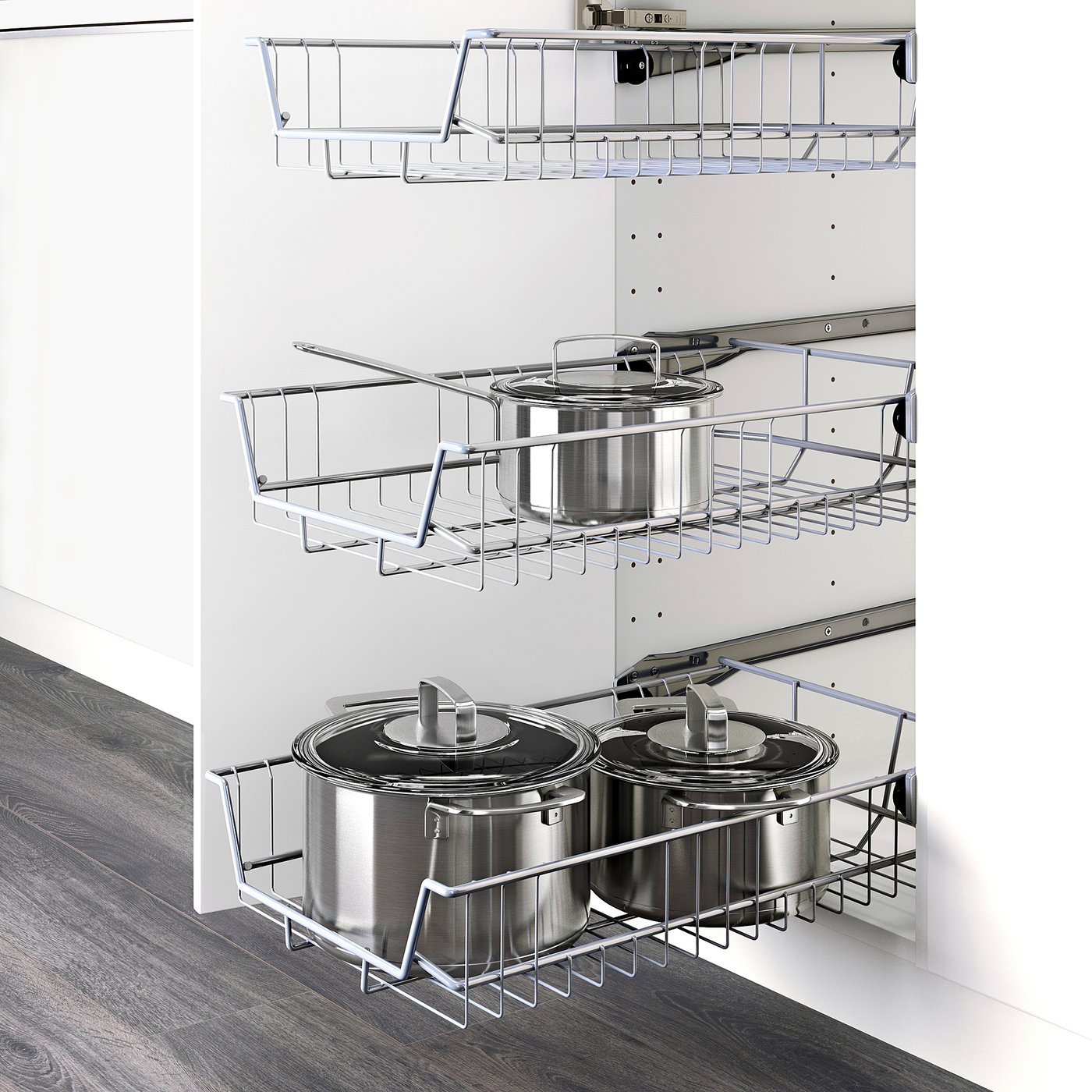 Wire pots and pans organiser system, part of METOD kitchen, mounted under cabinets, keeps items visible and accessible.