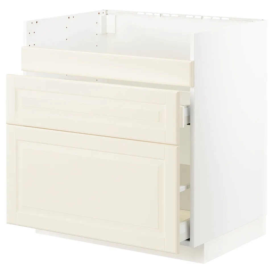 White kitchen cabinet, square, traditional off-white with bevelled edges, solid & sturdy, smooth-running drawers.