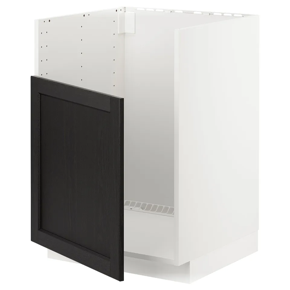 METOD kitchen cabinet, black stained wood, white frame, square shape, modern design.
