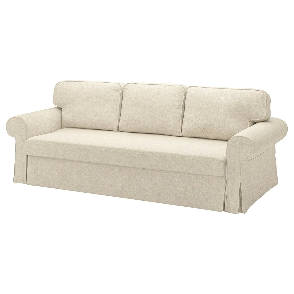 A VRETSTORP sofa in beige with a soft melange texture. It rolled arms and plush cushions. The sofa has a classic and inviting design.