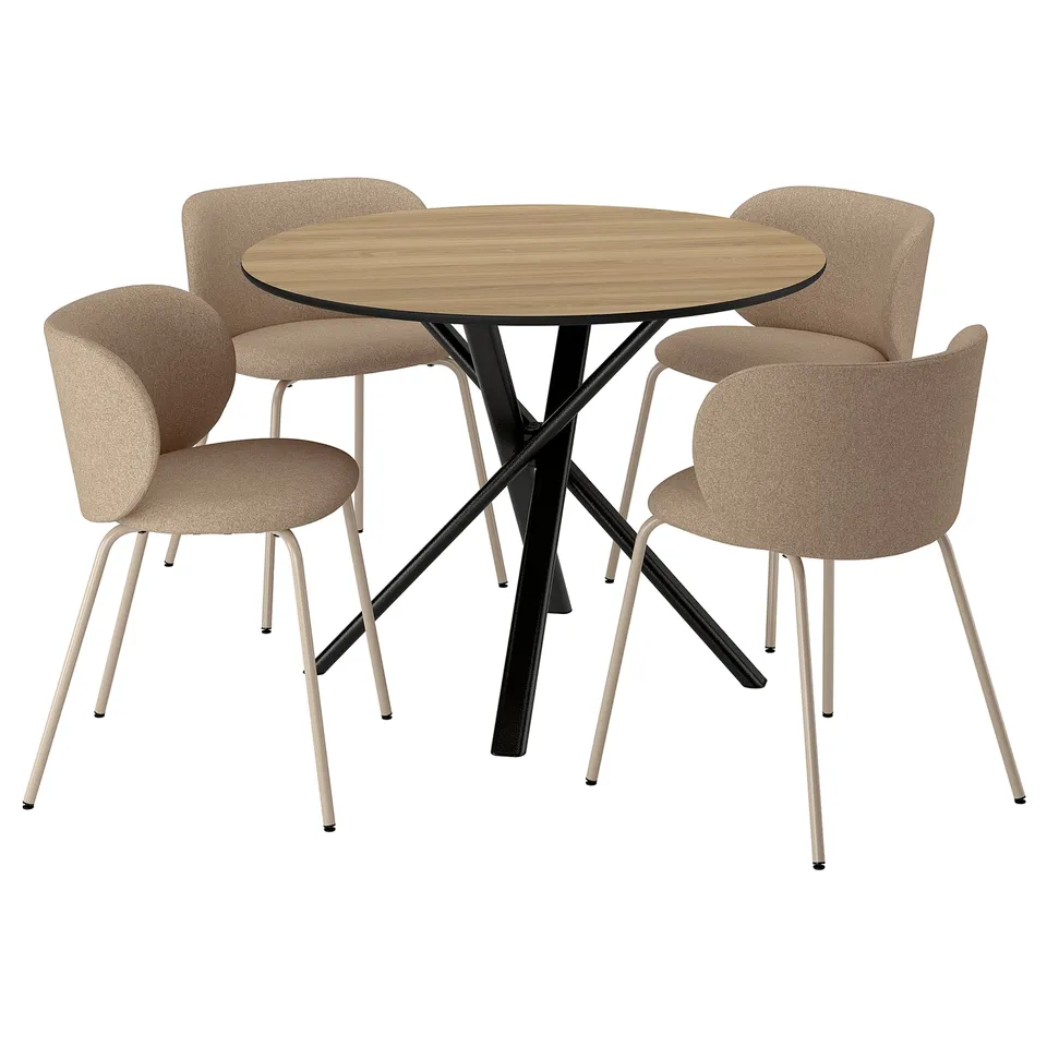 NORRMJÖLE set with wooden table and four beige chairs.
