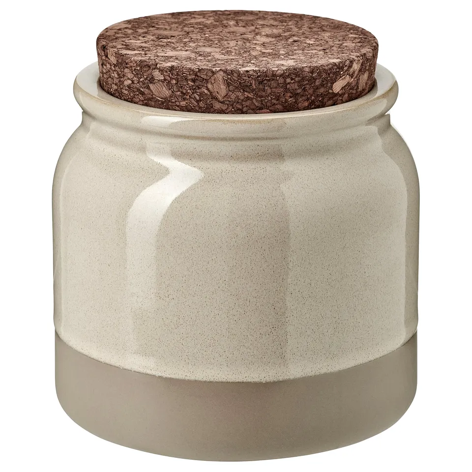 BRUGDHAJ jar: white, round, stoneware with cork lid, ideal for storage.