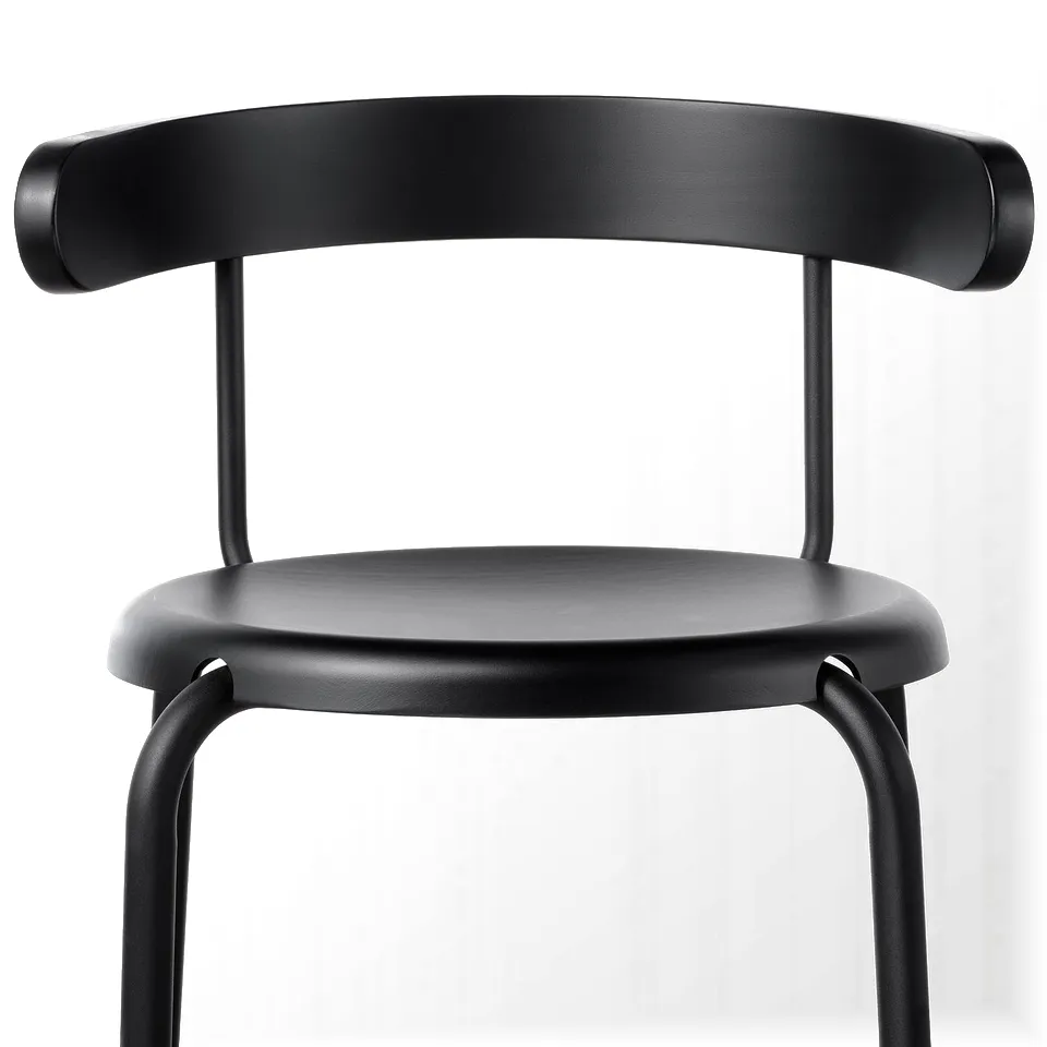 Modern black chair, sturdy & stylish. Rounded seat & back for comfort. Quality materials & design.