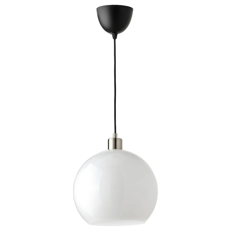 A JÄRPLIDEN pendant lamp with a white glass shade and a black cord, featuring a sleek and modern design.