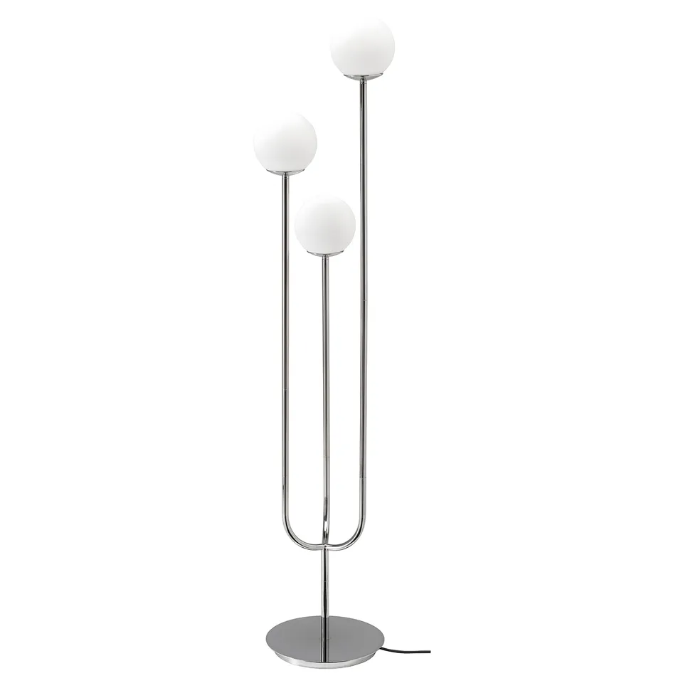 A modern chrome and glass floor lamp named SIMRISHAMN. It has three spherical glass shades, creating a stylish and diffused light.