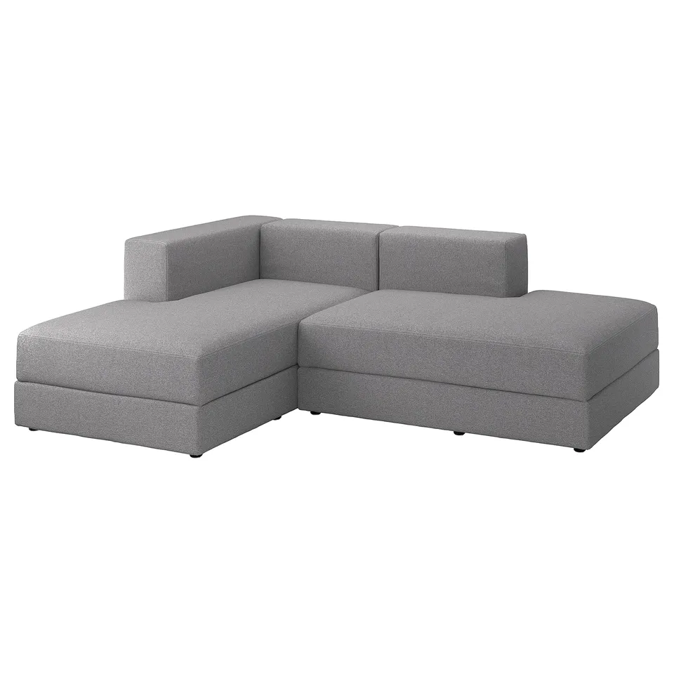 Image shows a modern, l-shaped grey sofa, minimalist design, with clean lines and 10-year guarantee.