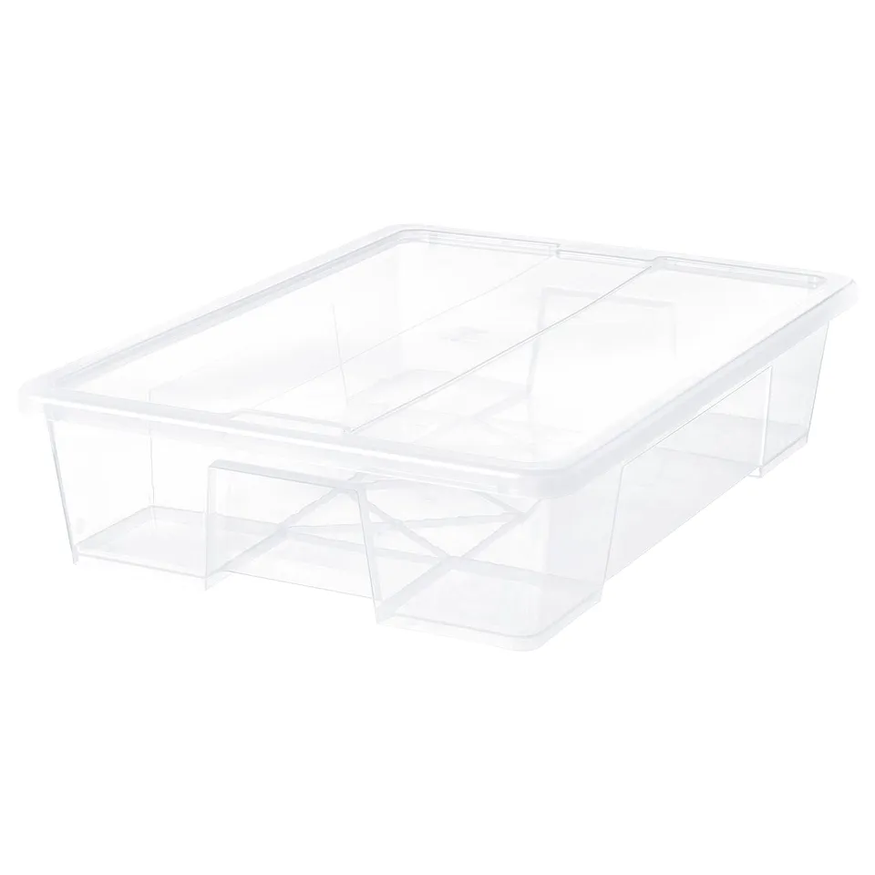 A clear, rectangular SAMLA storage box made of transparent polypropylene plastic, designed for organising and storing items.