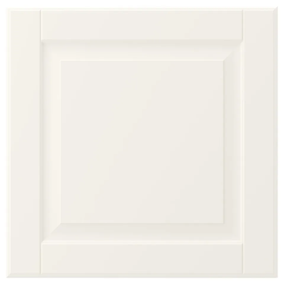 An off-white, square BODBYN cabinet door with bevelled edges. Its made of fibreboard with a smooth polyurethane and acrylic paint finish.