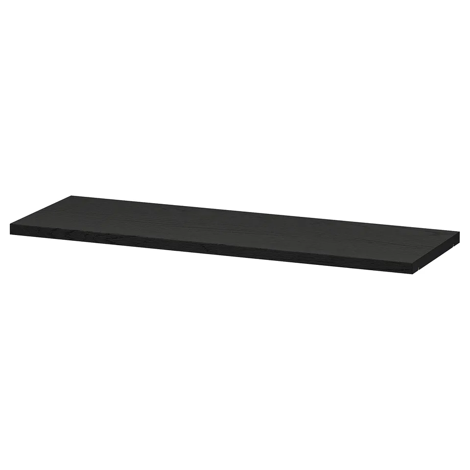 Black ikea BILLY shelf, rectangular, made of particleboard, paper foil, and plastic edging.