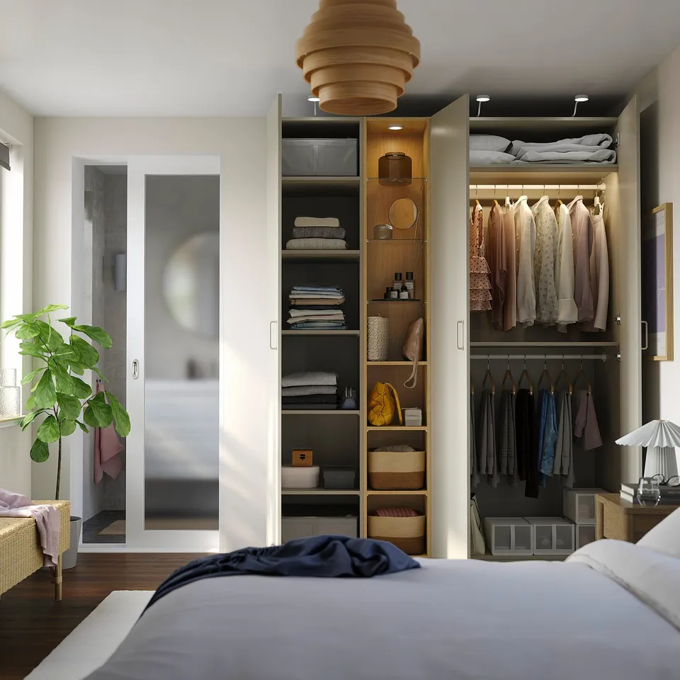 PAX / FORSAND Wardrobe combination, grey-beige grey-beige/oak effect, 185x60x236 cm
