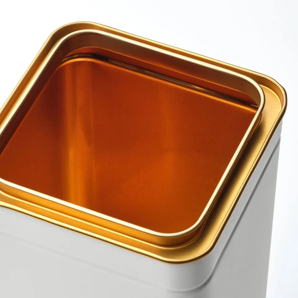 BLOMNING Tin with lid, off-white/for coffee/tea, 10x10x20 cm