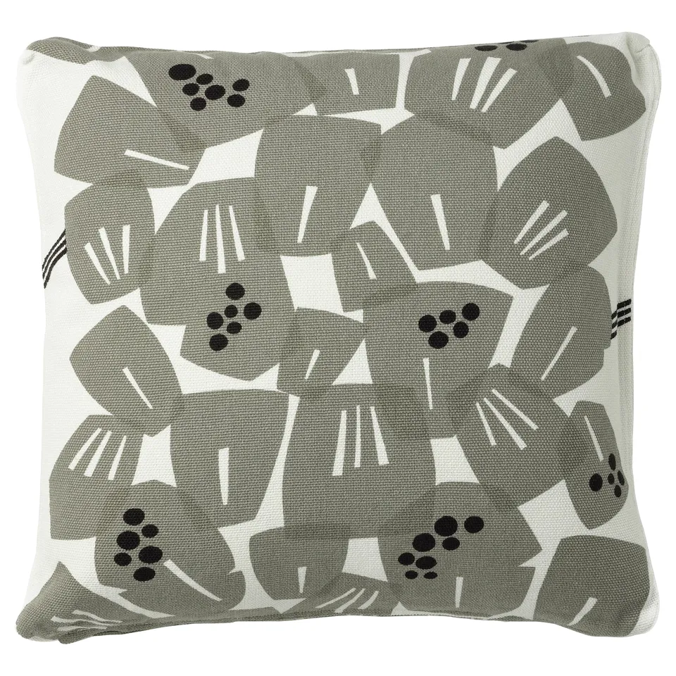 Underbloomma cushion, white/grey-green, square, abstract leaf design, cotton/jute.