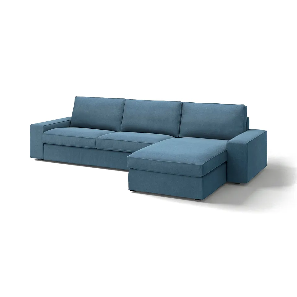Blue KIVIK sectional sofa, modern design, cloth-covered, l-shape, plush cushions.
