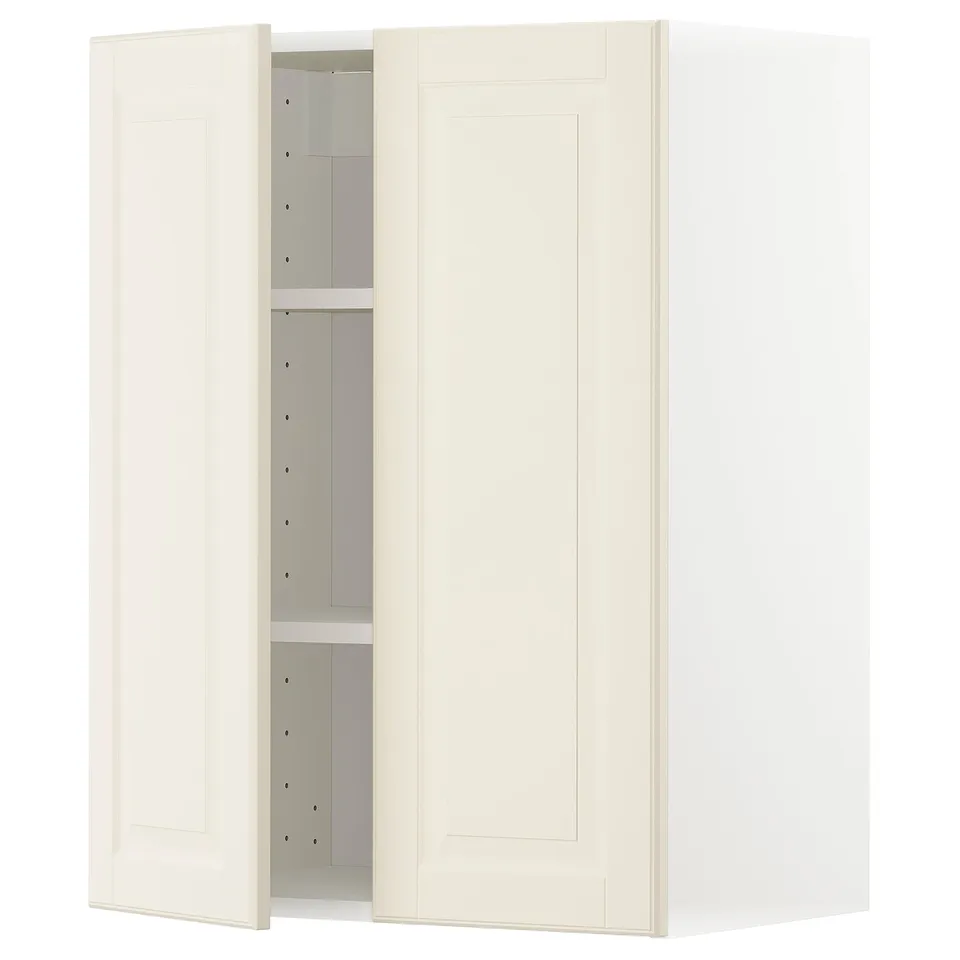 White METOD kitchen wall cabinet with adjustable shelves, off-white bodbyn fronts, traditional style.