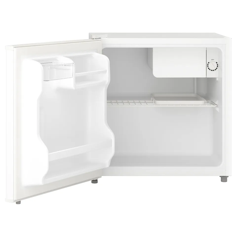 Small white fridge, compact design, one door, internal freezer, clean look.