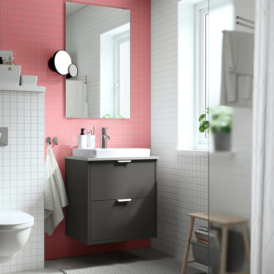 HAVBÄCK / ORRSJÖN Wash-stnd w drawers/wash-basin, dark grey/grey stone effect, 62x49x71 cm